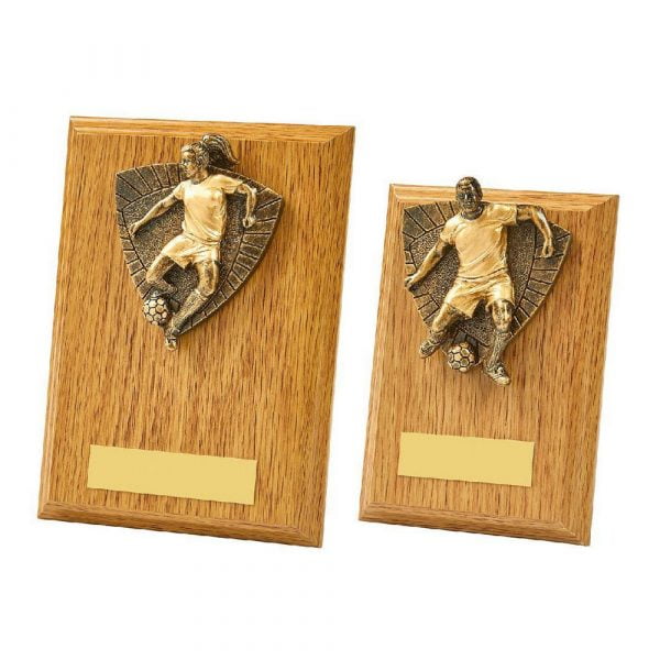 Light Oak Female Footballer Wood Plaque Trophy