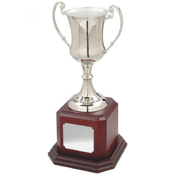 Large Waisted Nickel Plated Trophy Cup on Wood Base