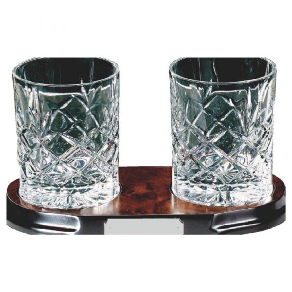 Two Full Cut Crystal Whisky Glasses on Wood Stand