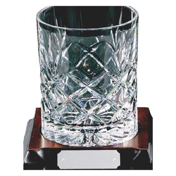 Single Full Cut Crystal Whisky Glass on Wood Stand