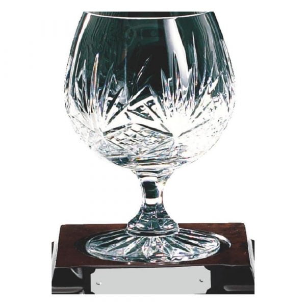 Single Cut Crystal Brandy Glass on Piano Finish Burle Wood Stand