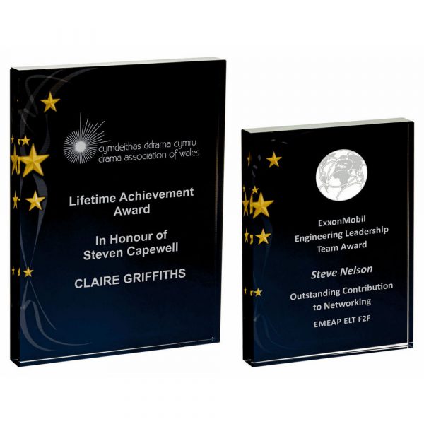 Rectangular Glass Award - Black Background with Gold Stars - Thickness 20mm