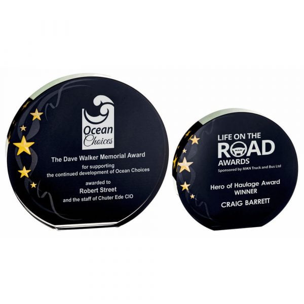 Circular Glass Award - Black Background with Gold Stars