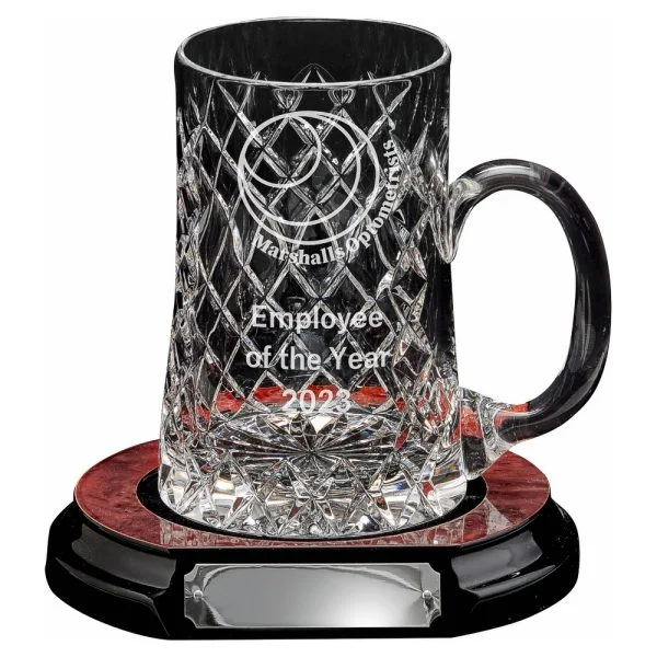 24% Lead Crystal 1 PT Tankard with Panel on Wood Base