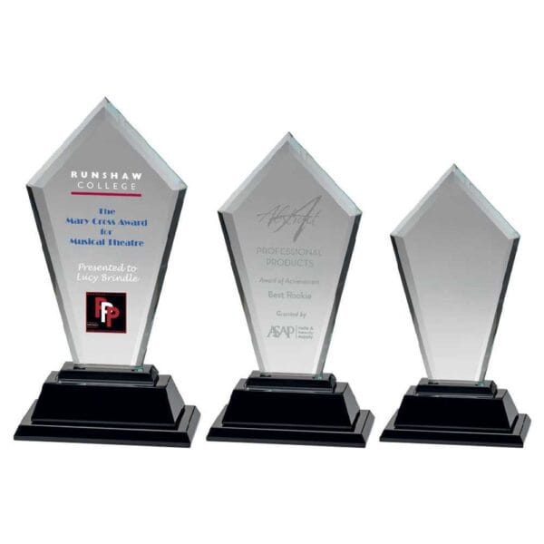 CLEAR GLASS TALL ARROW PLAQUE ON BLACK BASE (12mm THICK)