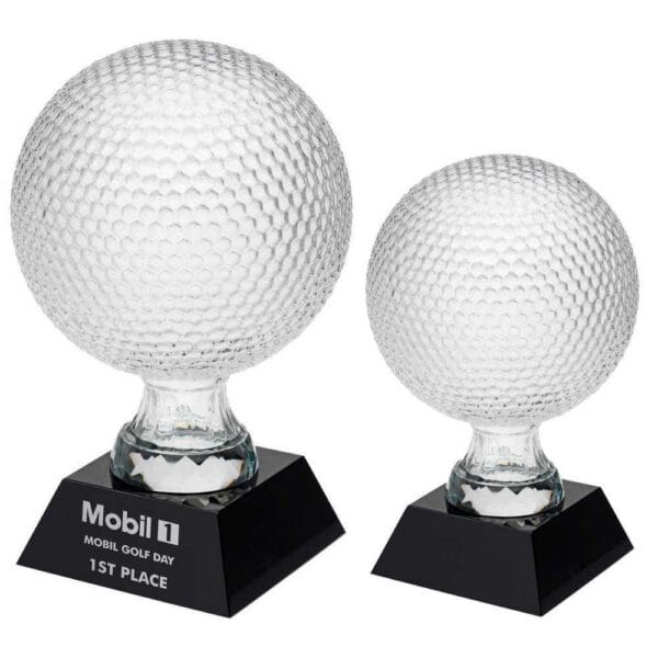 CLEAR GLASS GOLF BALL ON BLACK BASE