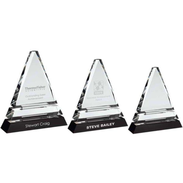CLEAR GLASS PYRAMID ON BLACK BASE