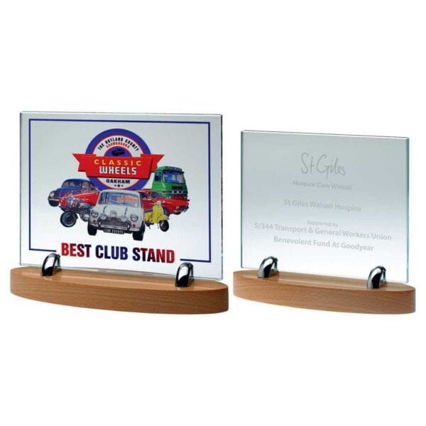 CLEAR GLASS 10mm RECTANGLE ON LIGHT WOOD BASE
