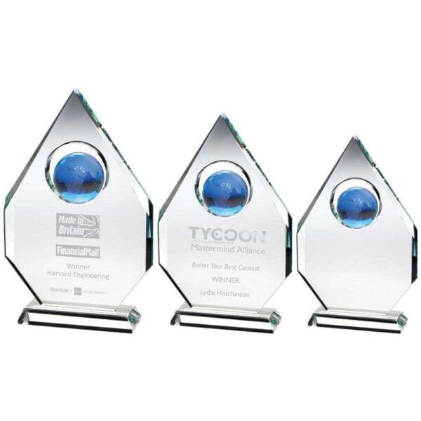 CLEAR GLASS DIAMOND PLAQUE WITH BLUE GLOBE