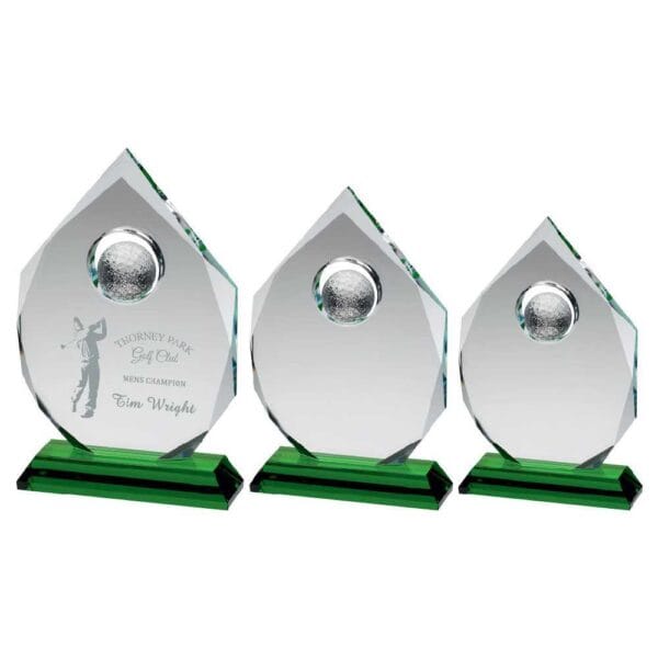 CLEAR GLASS DIAMOND WITH GOLF BALL ON GREEN BASE (15mm THICK)