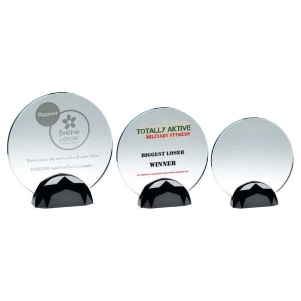 CLEAR GLASS ROUND PLAQUE (10mm THICK) IN GUN METAL BASE
