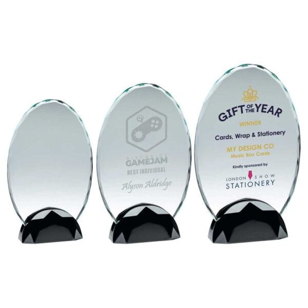 CLEAR GLASS OVAL PLAQUE (10mm THICK) IN GUN METAL BASE