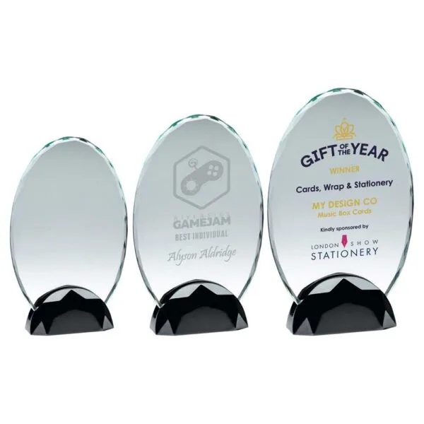 CLEAR GLASS OVAL PLAQUE (10mm THICK) IN GUN METAL BASE