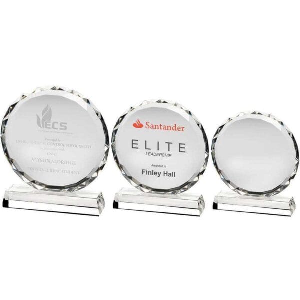 CLEAR GLASS CIRCLE WITH FACETED EDGE ON BASE (25mm THICK)