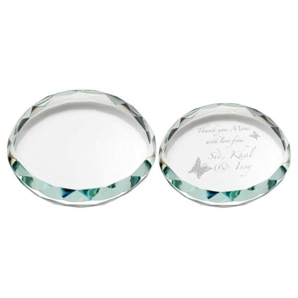 CLEAR GLASS ROUND PAPERWEIGHT WITH FACETED EDGE (19mm THICK)
