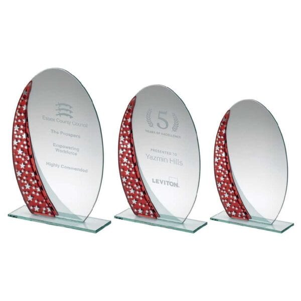 JADE GLASS OVAL PLAQUE WITH RED/SILVER STAR DESIGN (4mm THICK)