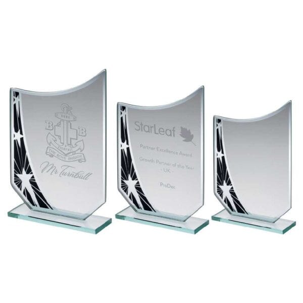 JADE GLASS CURVED PLAQUE WITH BLACK/SILVER STAR DESIGN (4mm THICK)