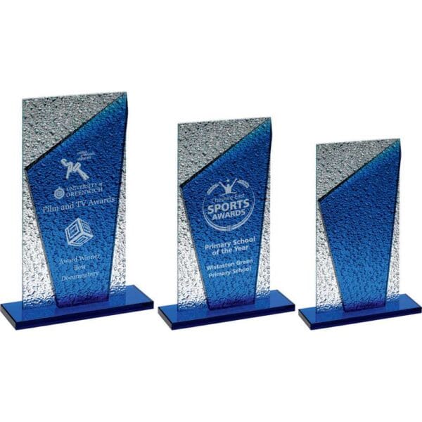 BLUE GLASS PLAQUE AND BASE WITH CLEAR FROSTED BACKDROP