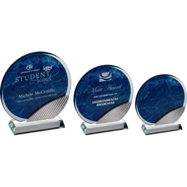BLUE MARBLE BACKED CLEAR GLASS CIRCLE WITH SILVER DETAIL