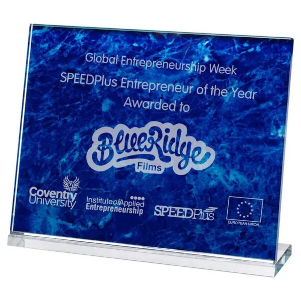 BLUE MARBLE BACKED CLEAR GLASS LANDSCAPE PLAQUE
