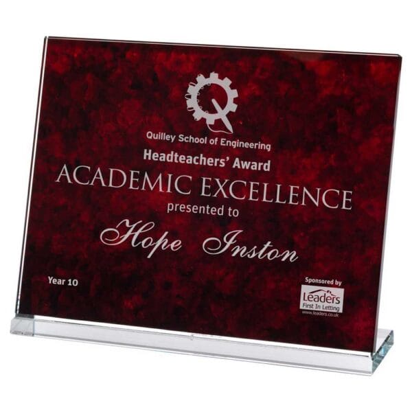RED MARBLE BACKED CLEAR GLASS LANDSCAPE PLAQUE